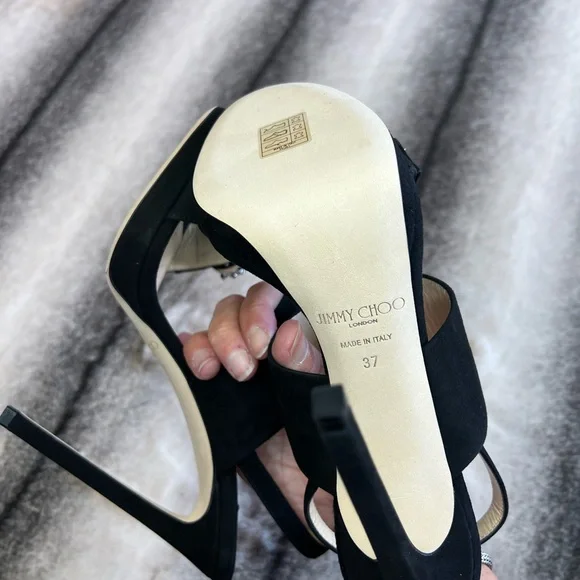 Jimmy Choo Saphie 120 mm Crystal Charm Black Suede Platform Heels - Picture 8 of 10